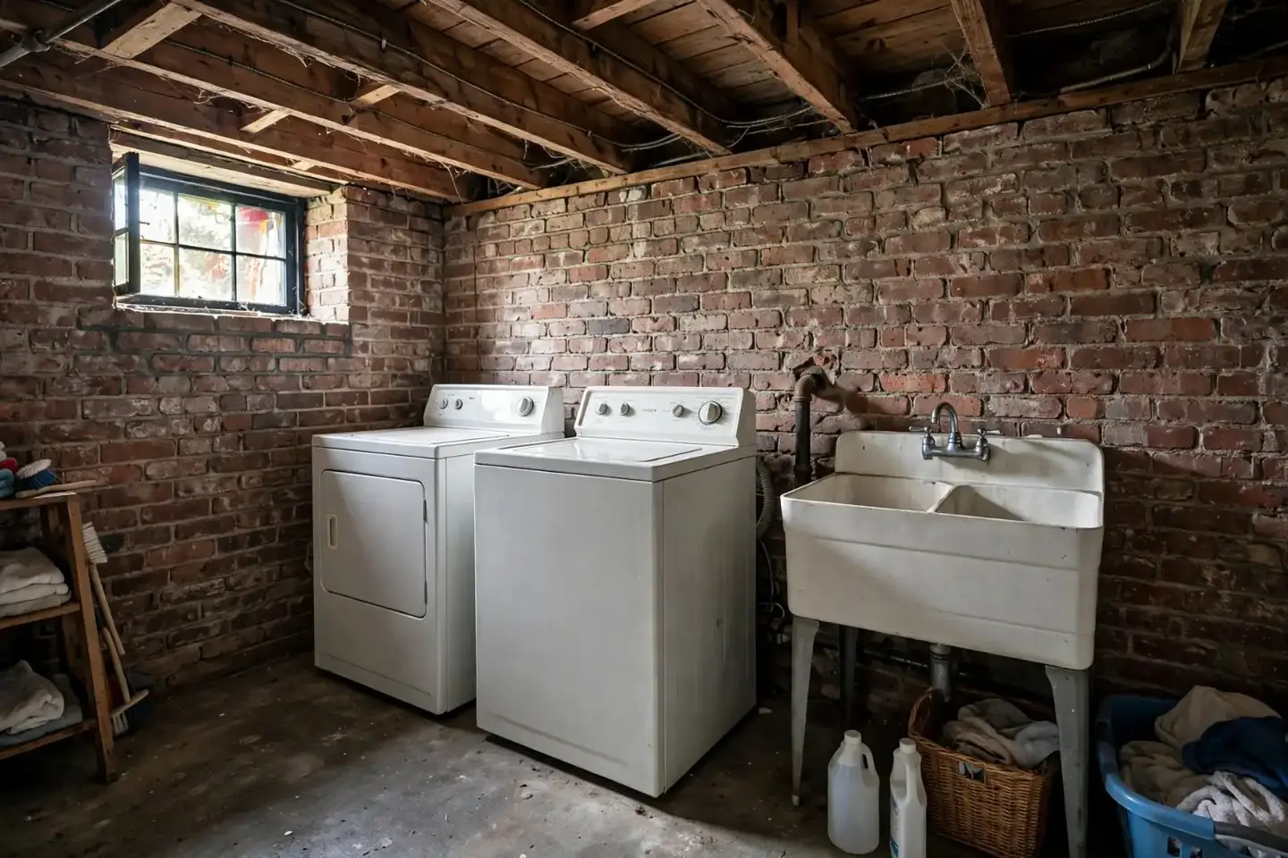 Washer and dryer against the brick wall of an older basement