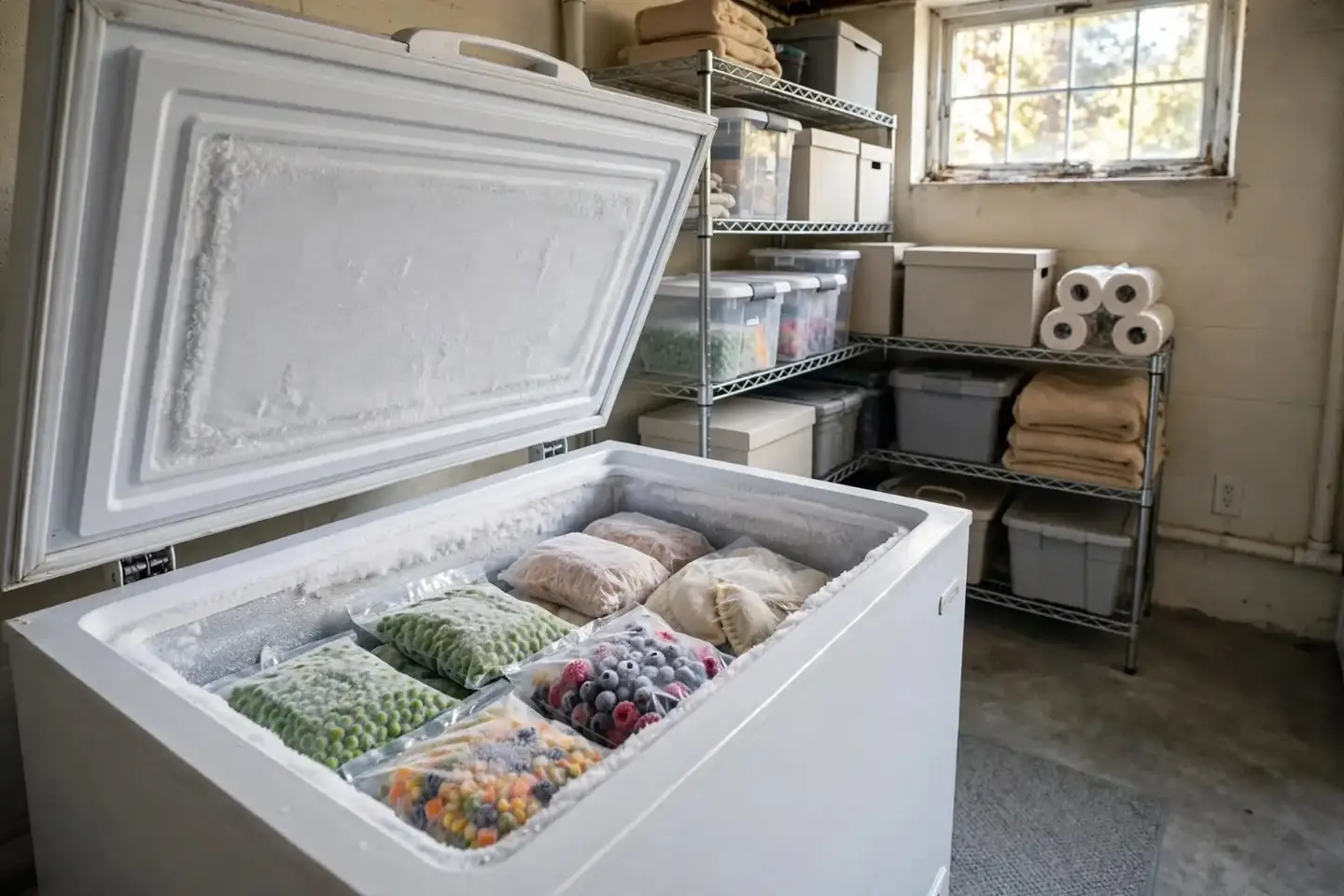 White chest freezer with the lid open and frost inside, in a tidy basement