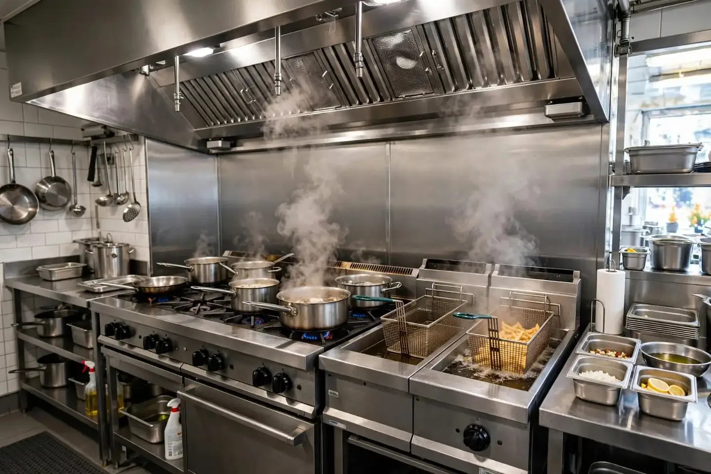 Restaurant kitchen line with a commercial range and fryers