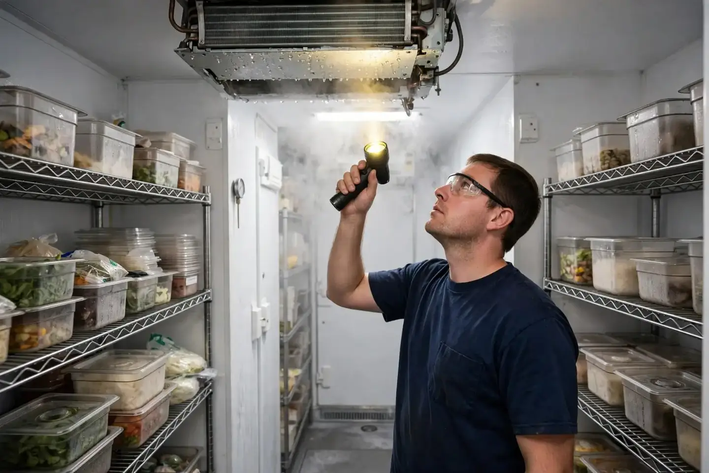 Technician checking the evaporator inside a restaurant walk-in cooler
