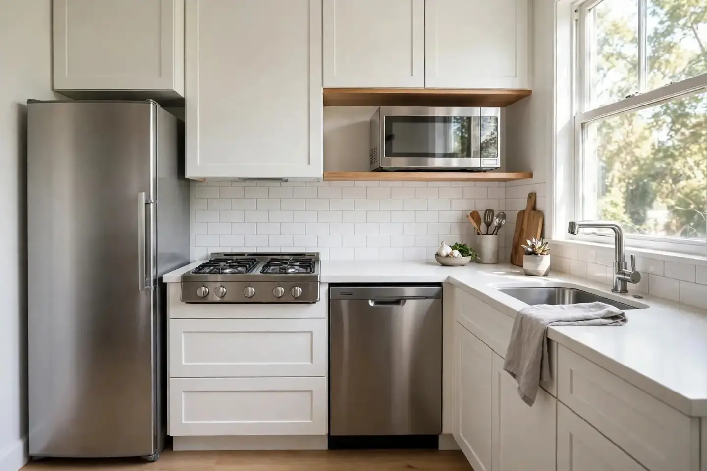 Small apartment kitchen with compact stainless appliances
