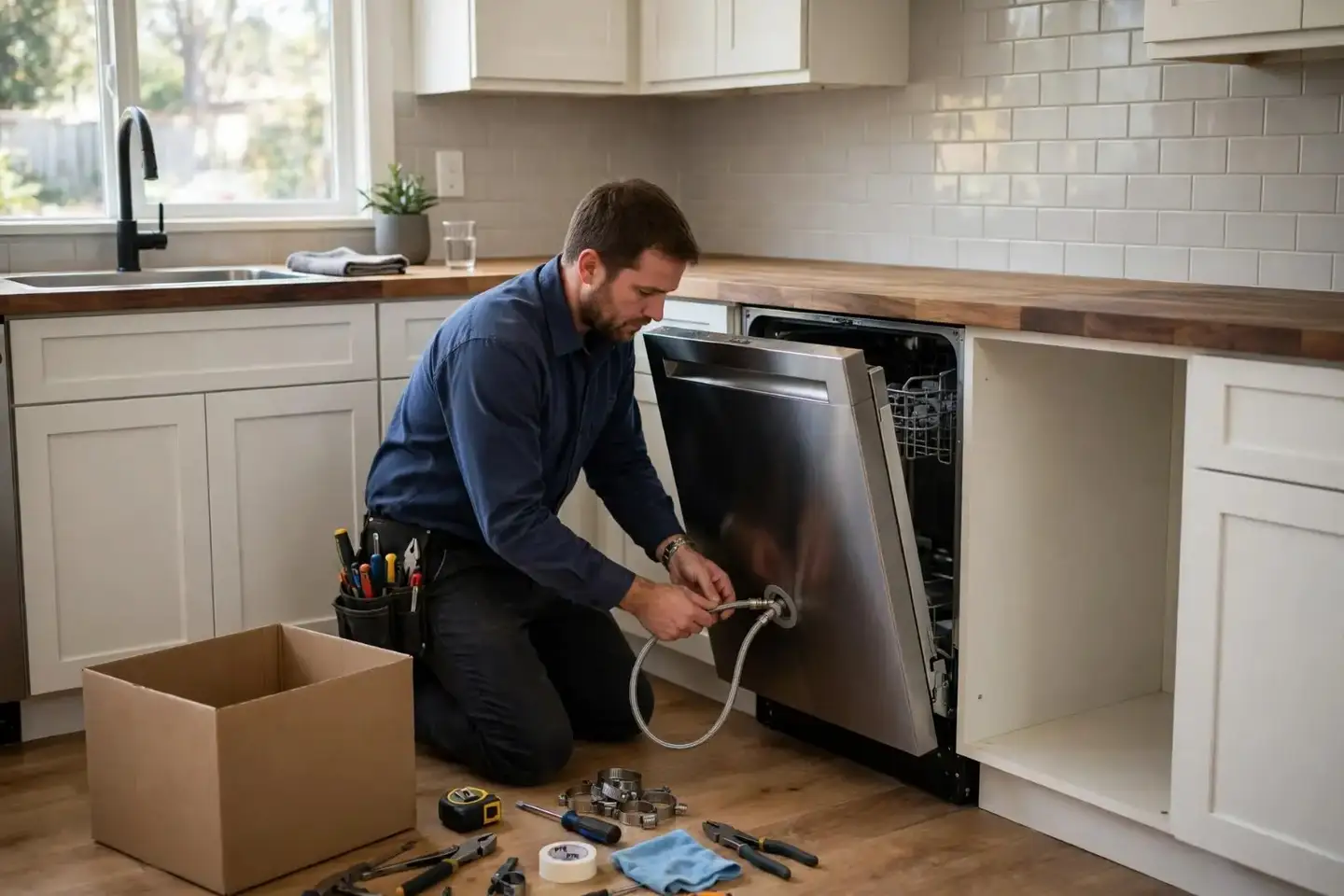 Technician sliding a new dishwasher into the cabinet opening and connecting its hose