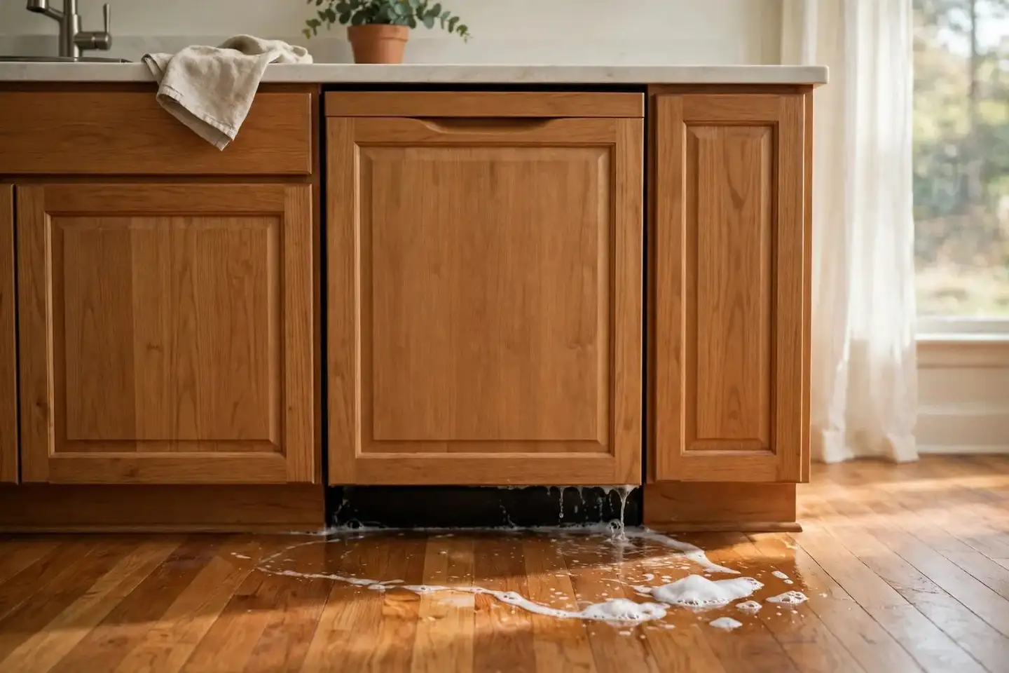 Small puddle on a kitchen floor beneath a dishwasher door