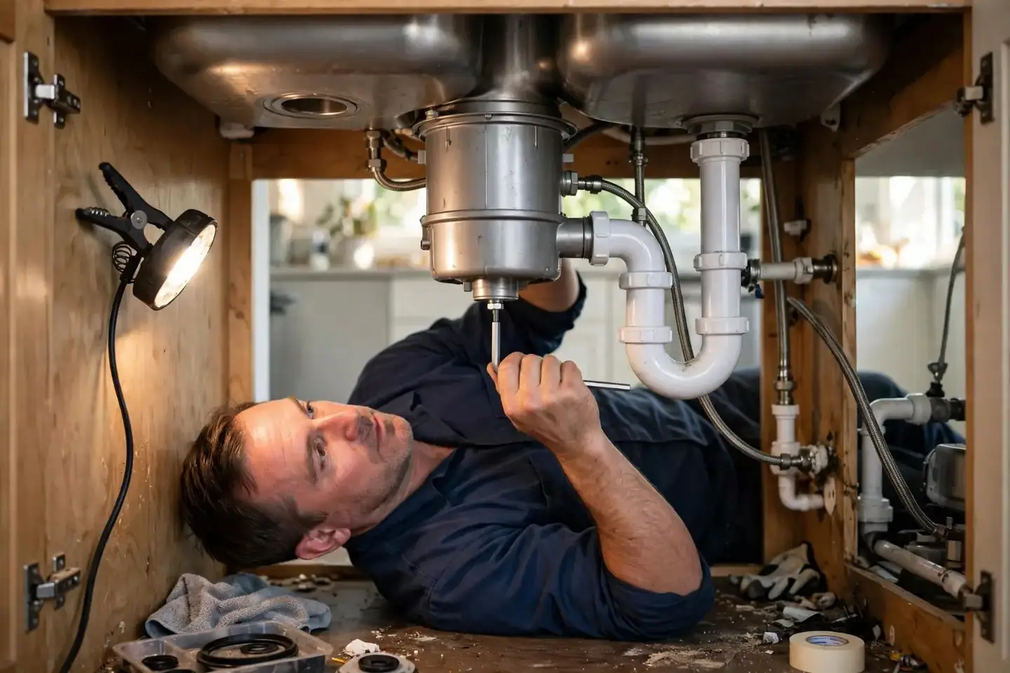 Technician under a kitchen sink turning a hex key in the base of a garbage disposal