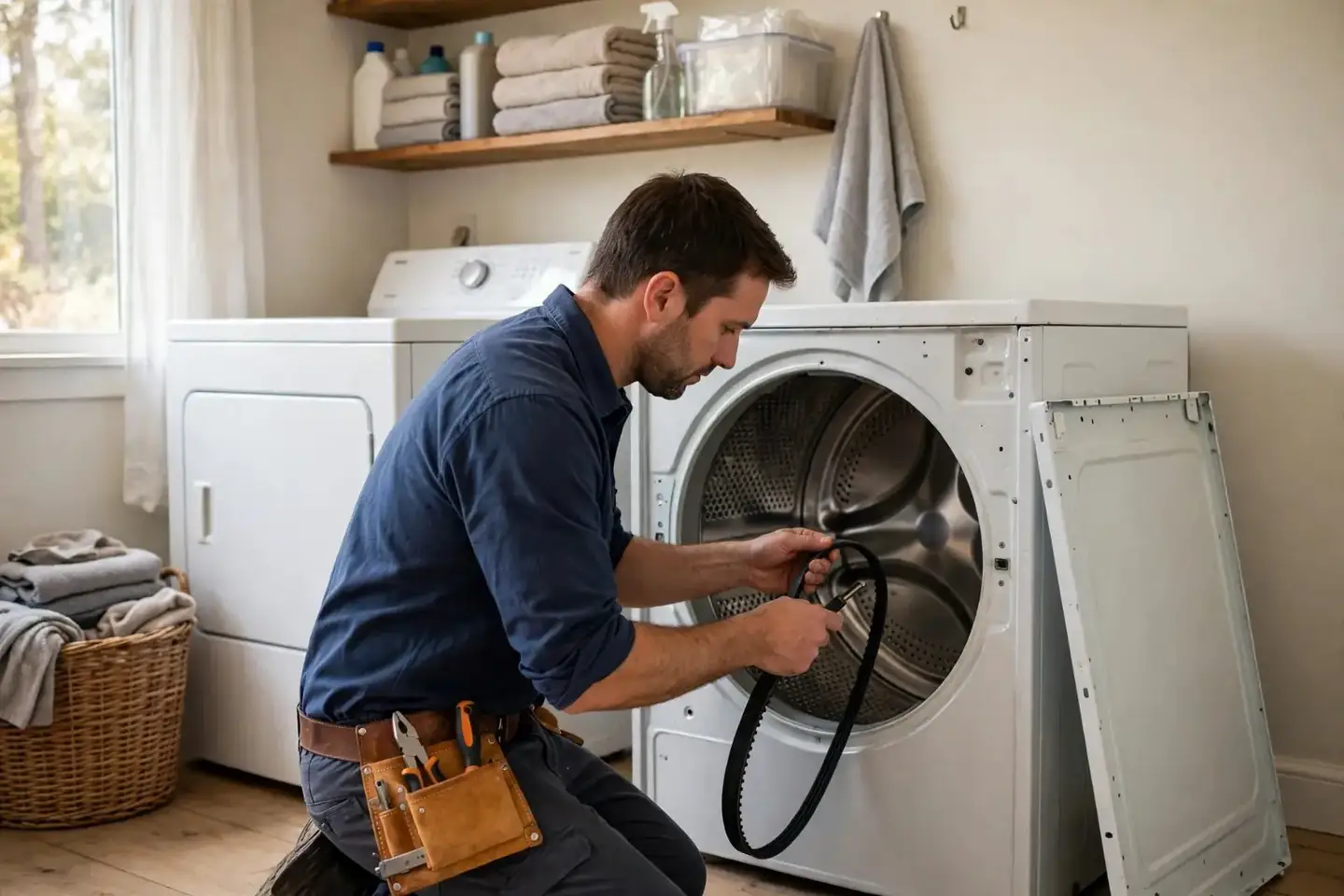 Technician fitting a new drive belt around a dryer drum with the front panel off