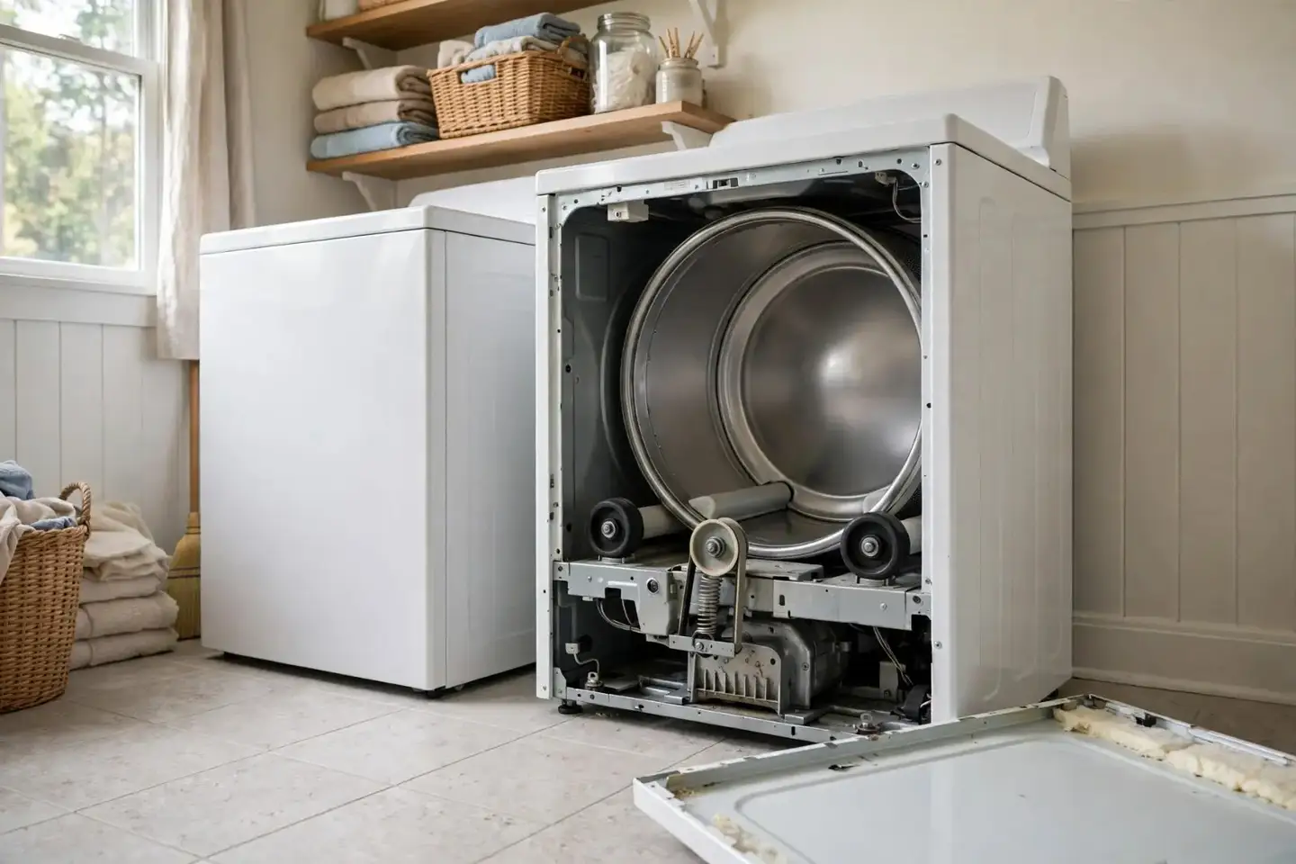 Dryer with the front panel removed showing the drum and support rollers