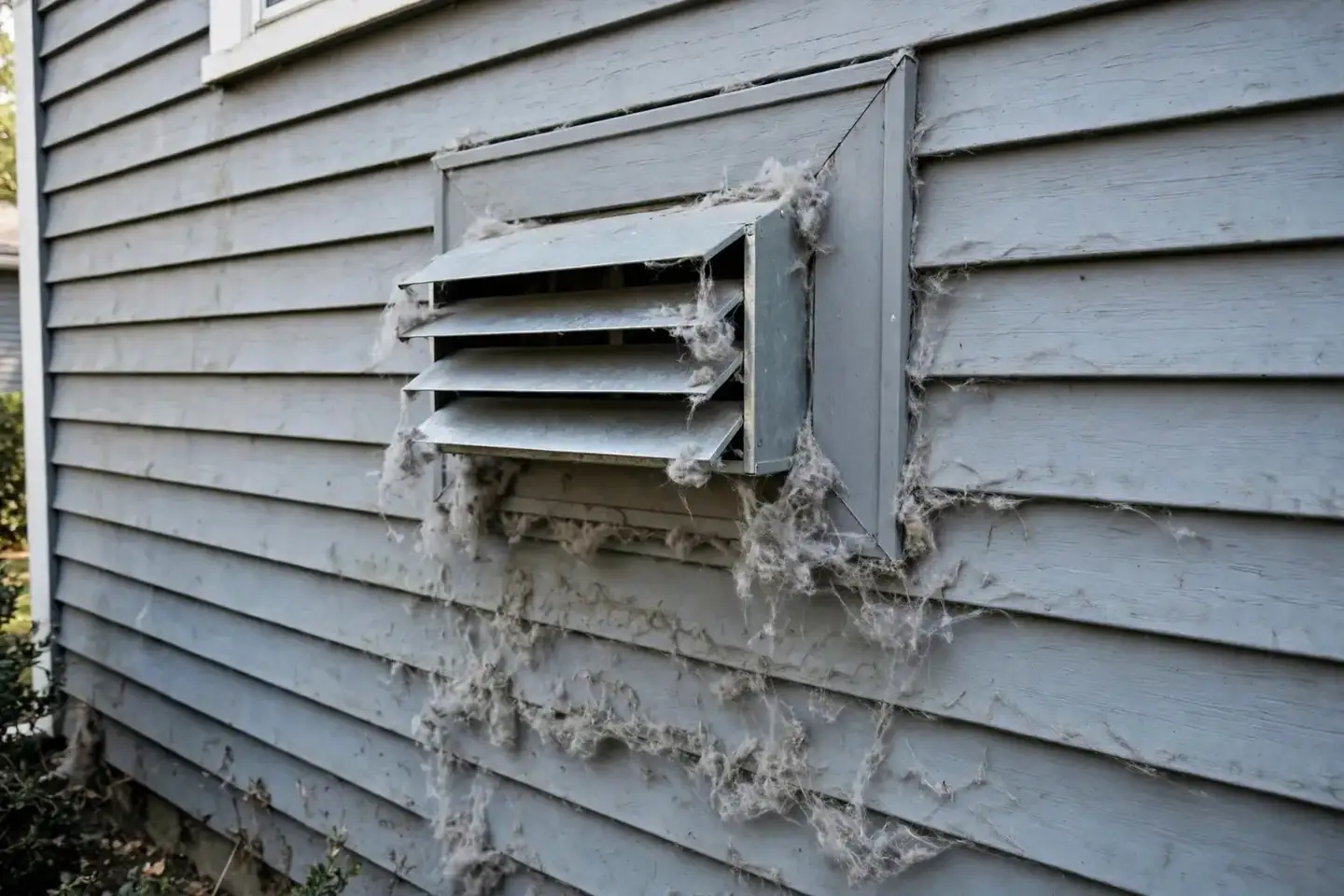 Dryer vent hood on house siding with lint caught around the flap