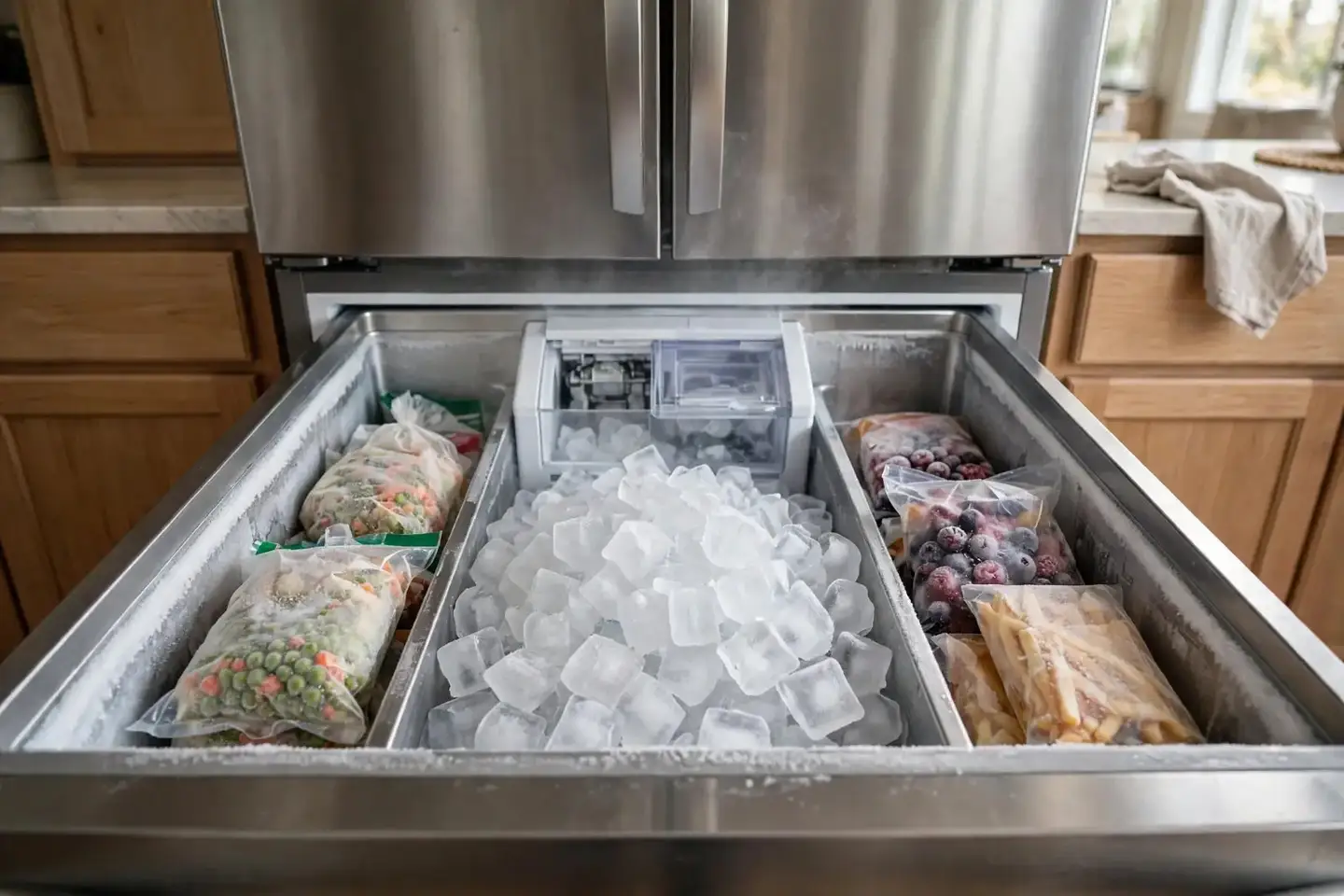 Open freezer drawer with an ice maker and a full ice bin