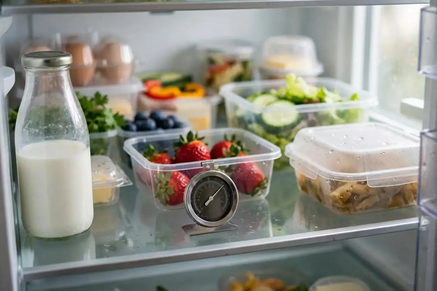 Appliance thermometer standing on a refrigerator shelf