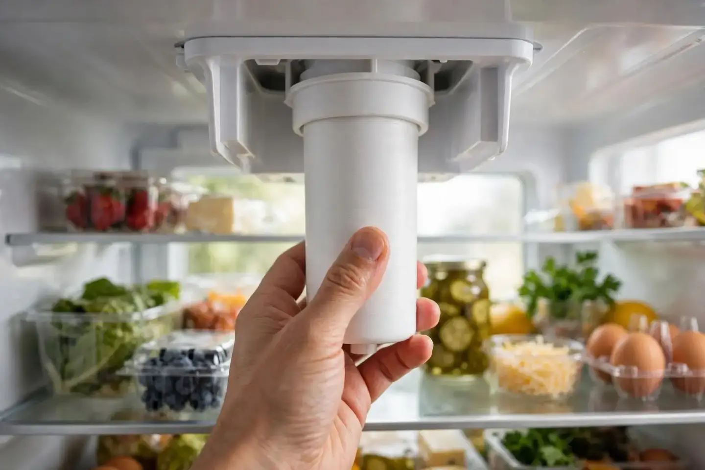 Hand replacing a water filter inside a refrigerator's fresh-food compartment
