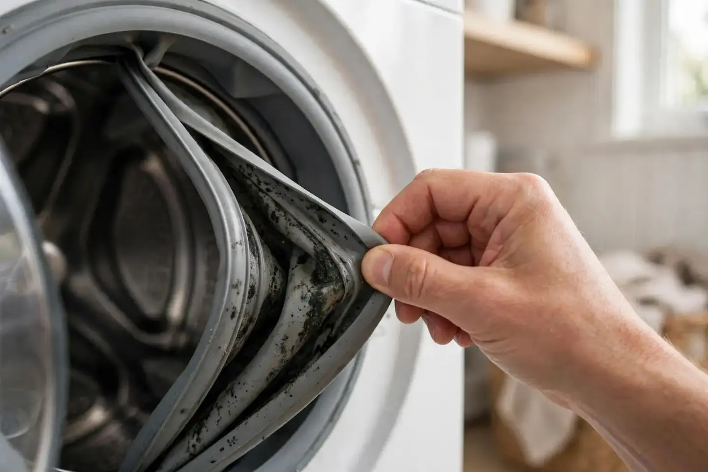 Hand folding back the rubber door gasket of a front-load washer to show residue