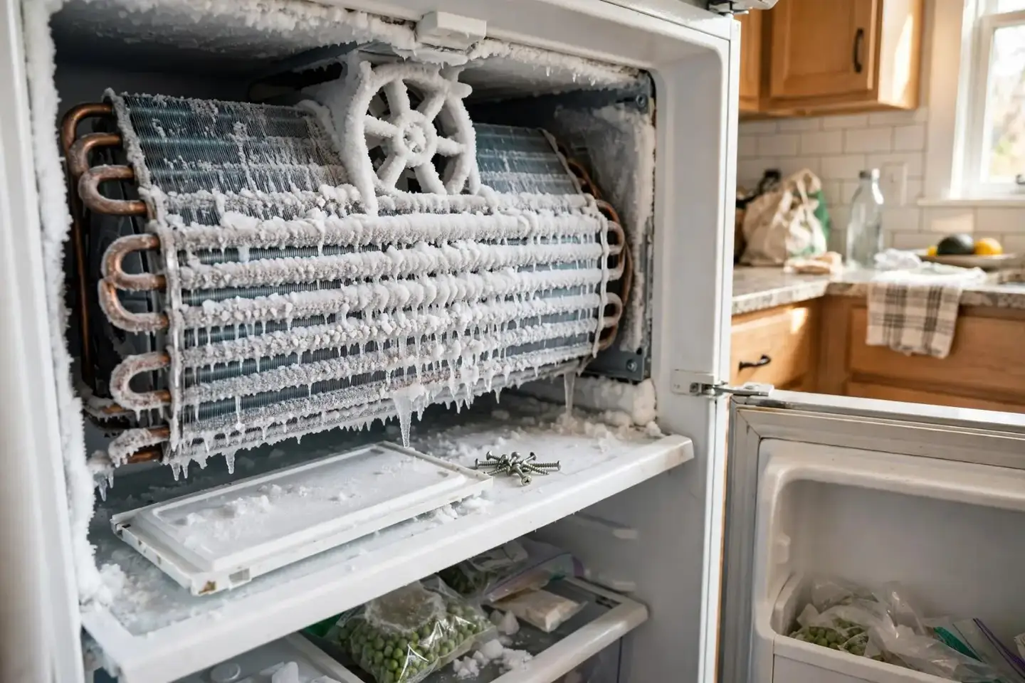 Freezer back panel removed to show an evaporator coil covered in thick frost