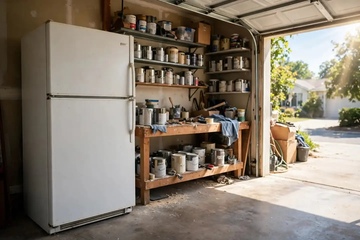 Older second refrigerator standing in a bright, hot garage