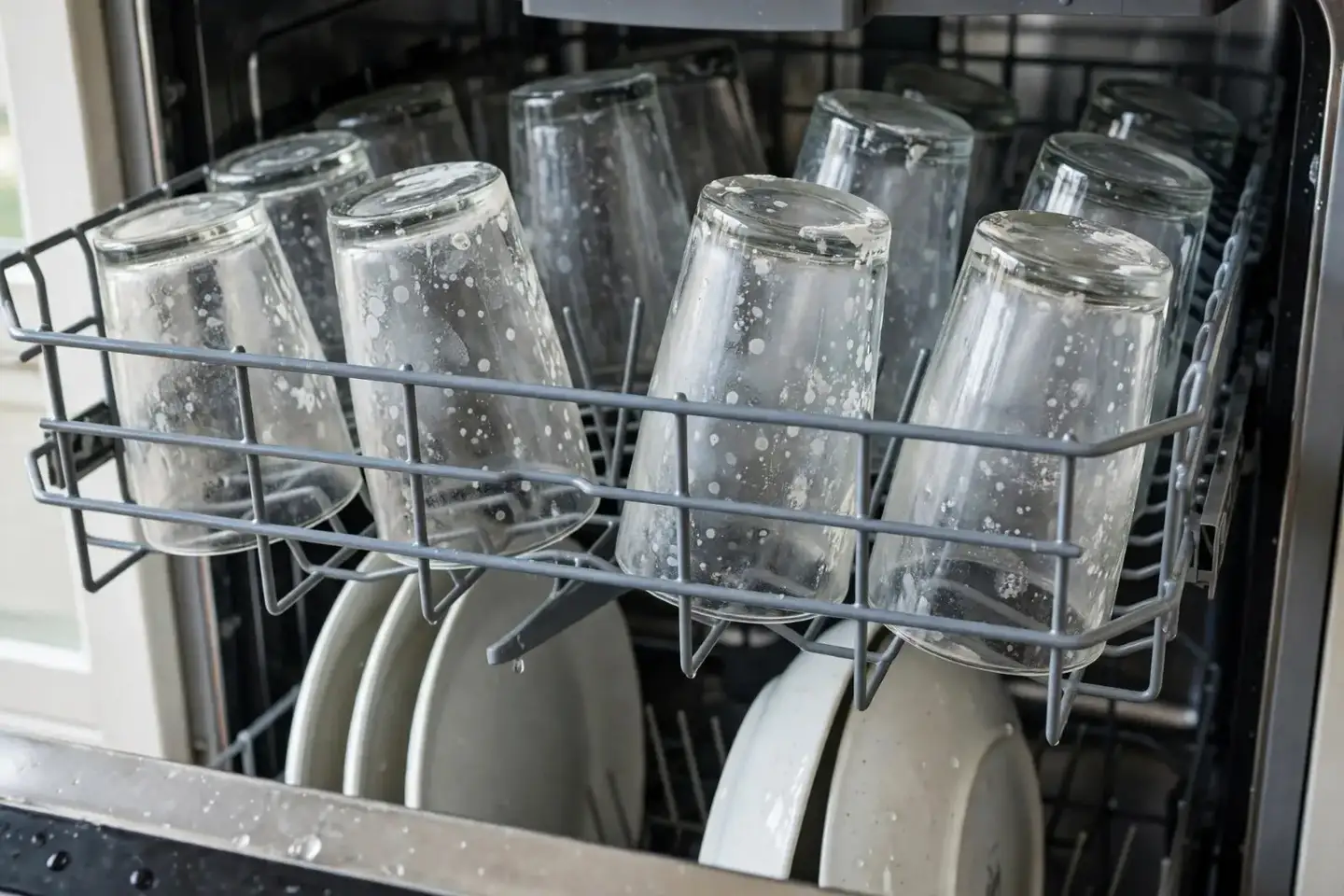 Cloudy, spotted drinking glasses on a dishwasher rack