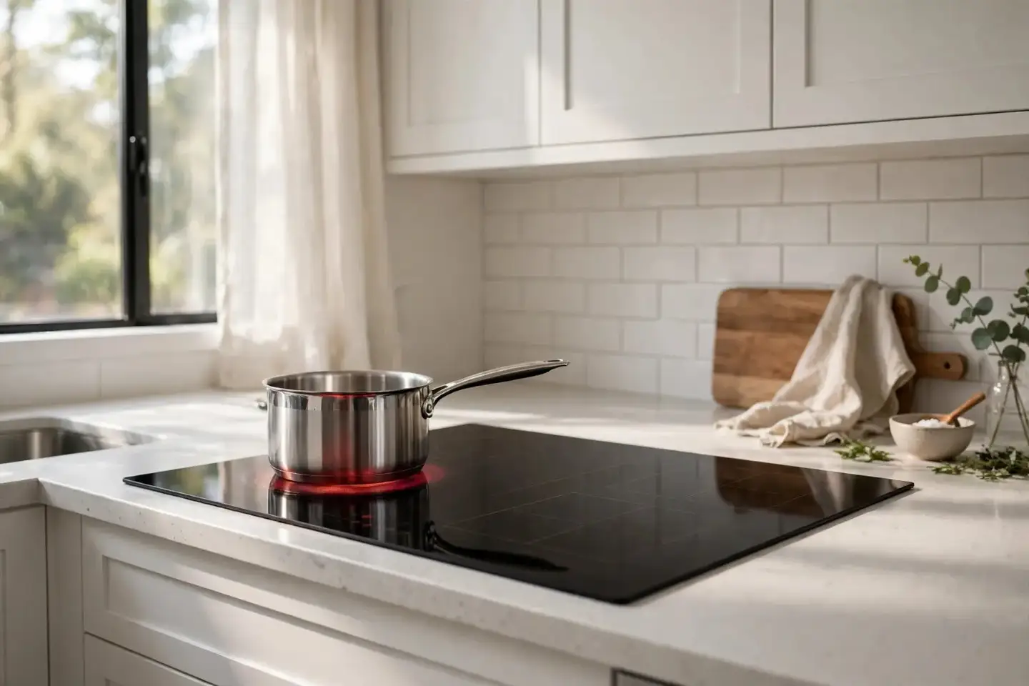 Black glass induction cooktop with a pan in a modern kitchen