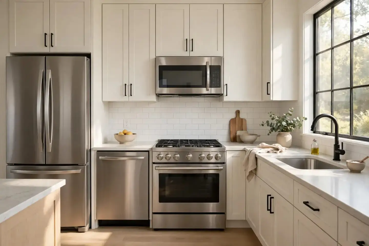 Bright kitchen with a stainless refrigerator, range, dishwasher and over-the-range microwave