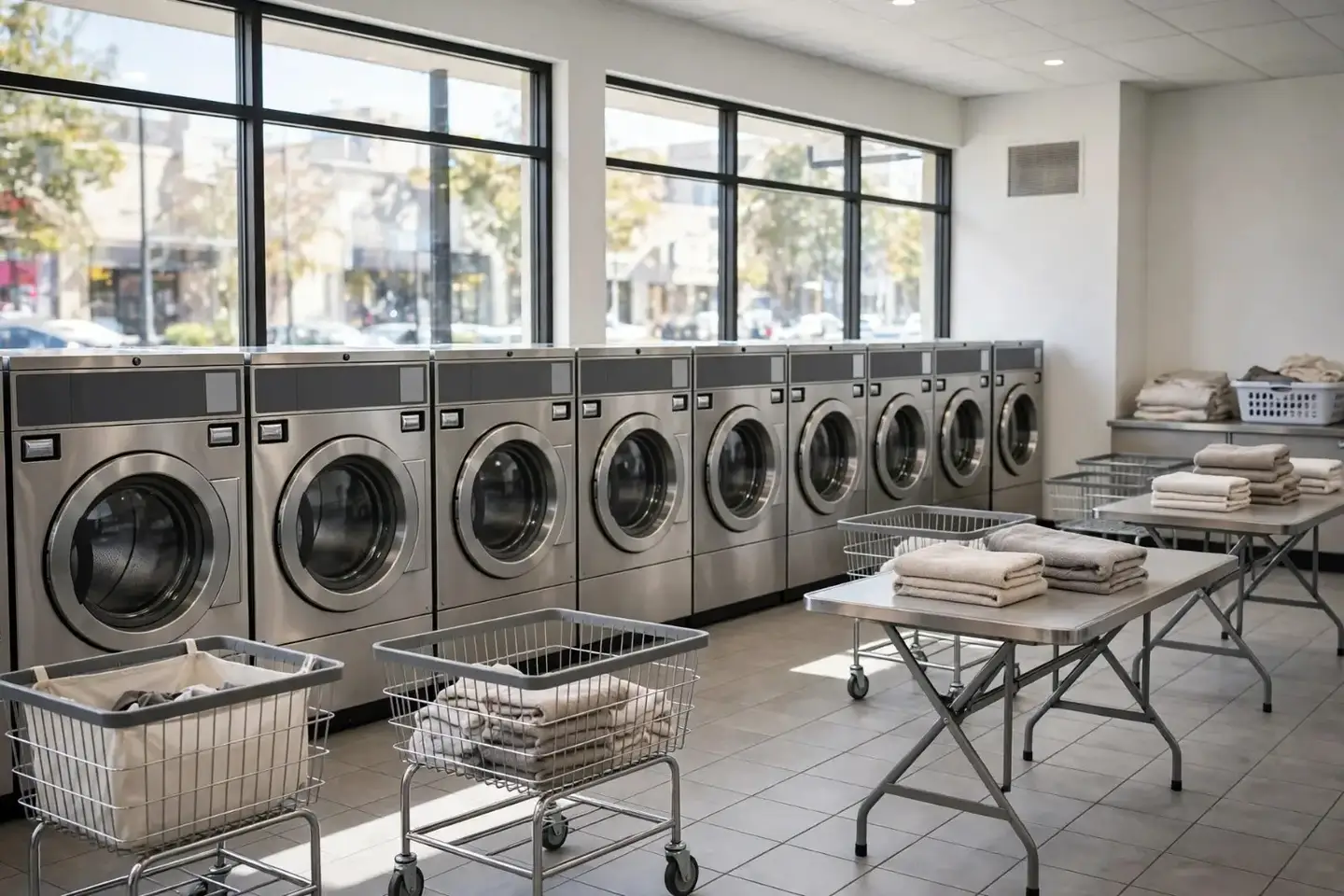 Row of commercial front-load washers in a clean laundromat