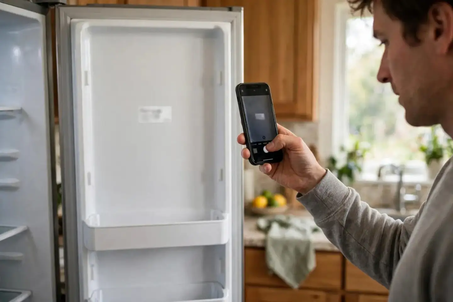 Homeowner photographing the model and serial tag inside a refrigerator door with a phone