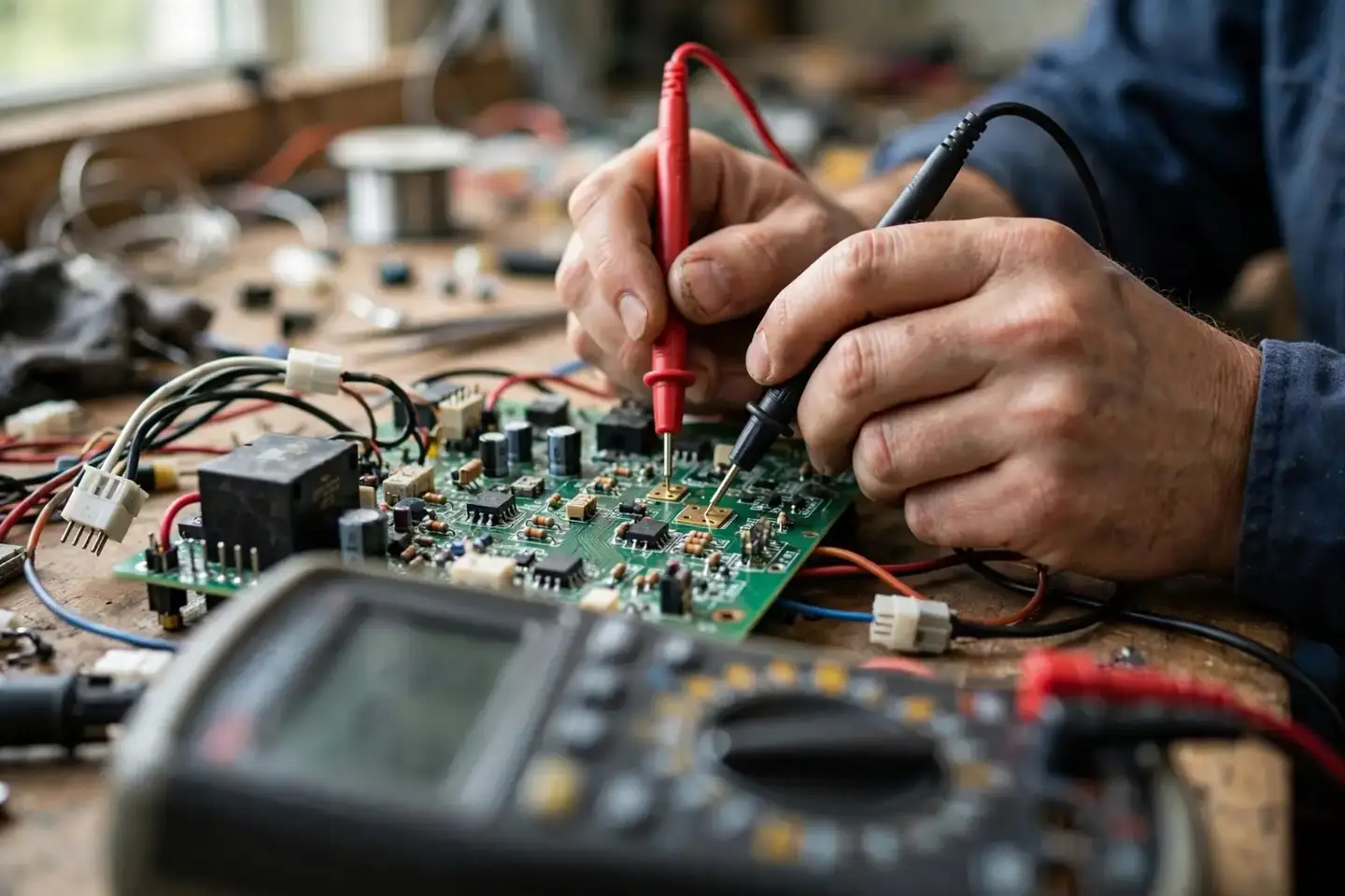 Multimeter probes held on the terminals of an appliance control board