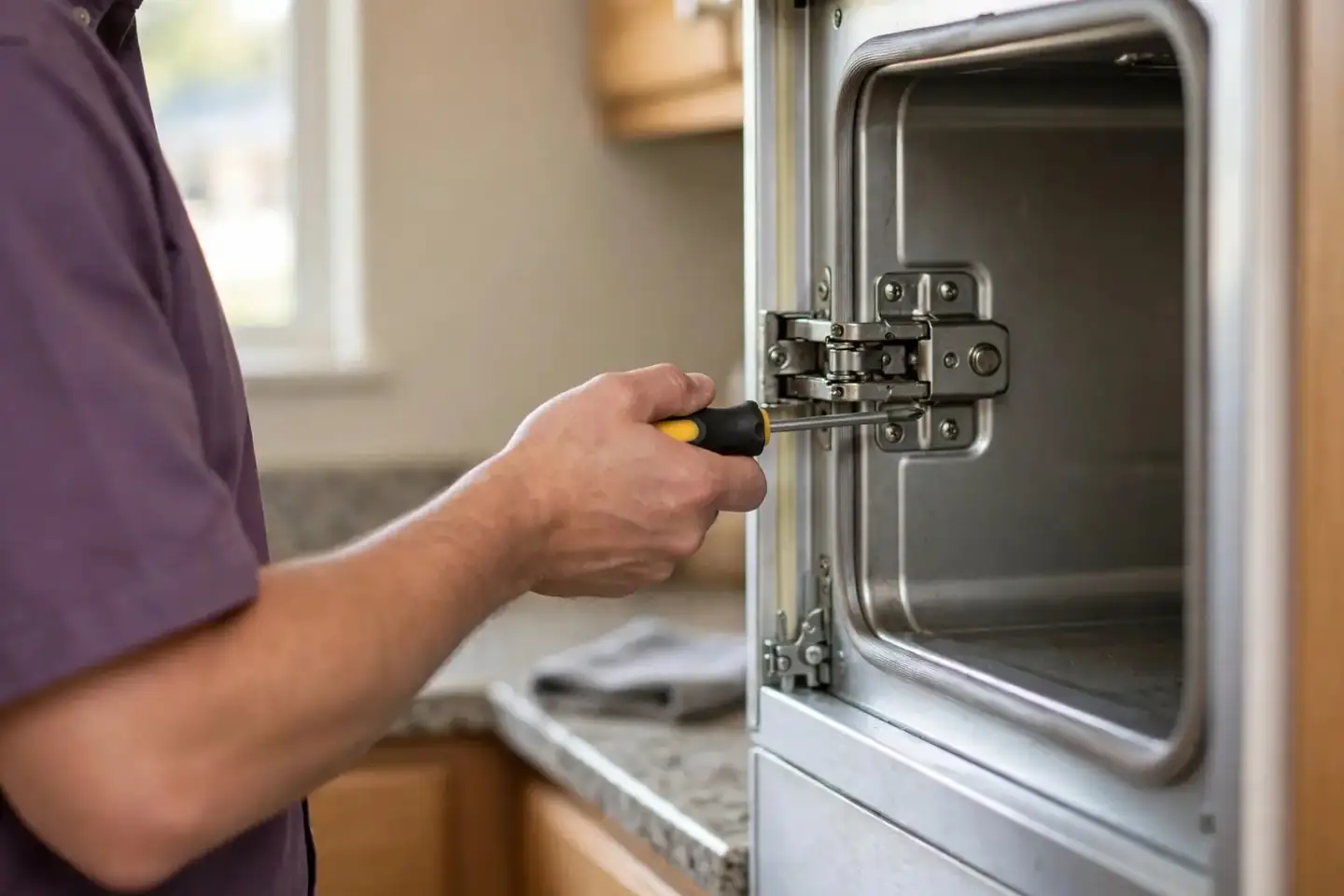 Technician adjusting the hinge of an open oven door