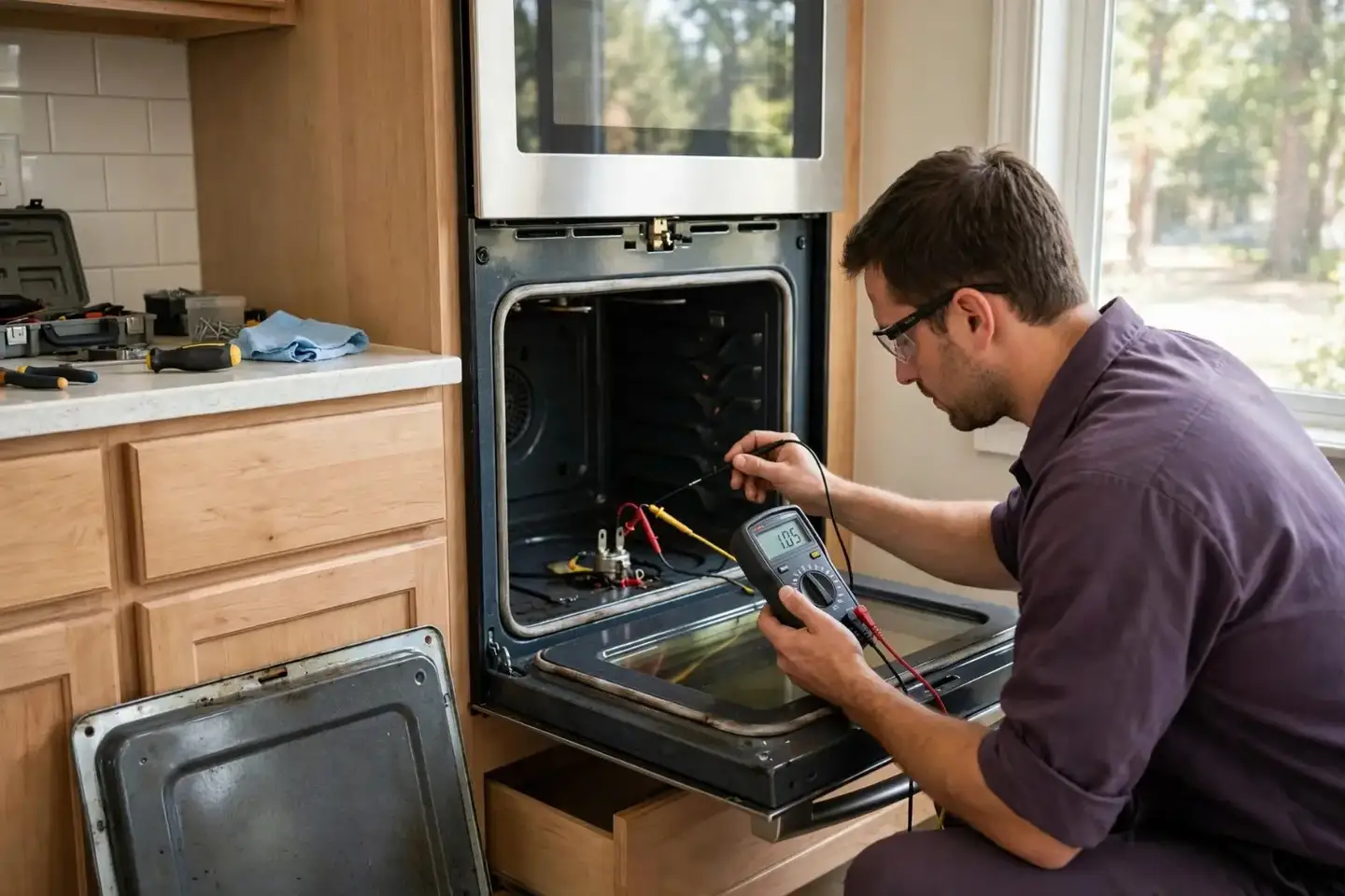 Technician testing a gas oven igniter with a multimeter with the oven floor panel removed