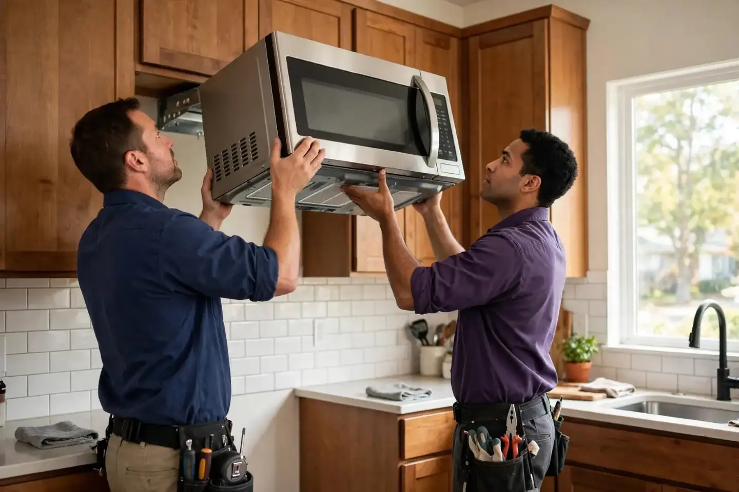 Two technicians lifting an over-the-range microwave onto its wall bracket