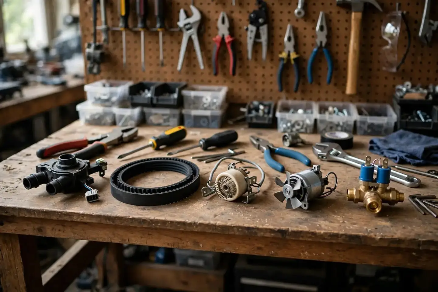Appliance parts laid out on a workbench: drain pump, belt, igniter, fan motor and valve