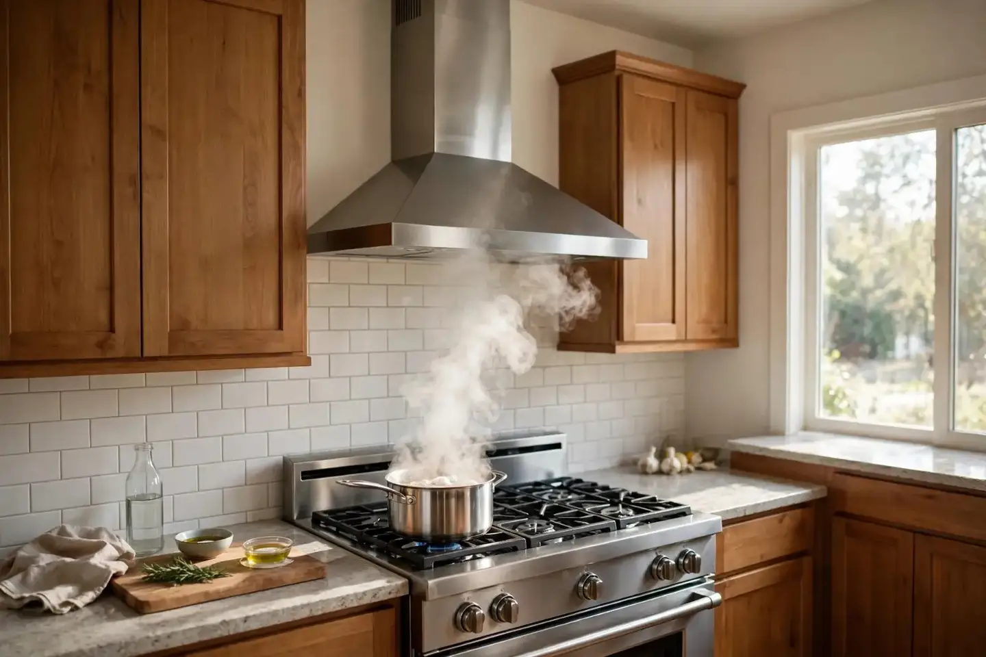 Stainless range hood above a gas range in a family kitchen