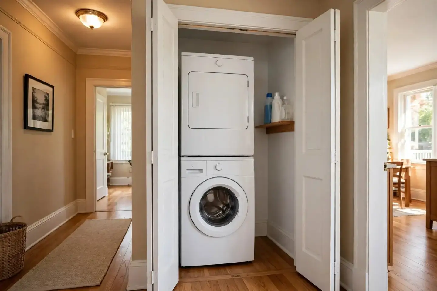 Stacked washer and dryer in a hallway laundry closet with the doors open
