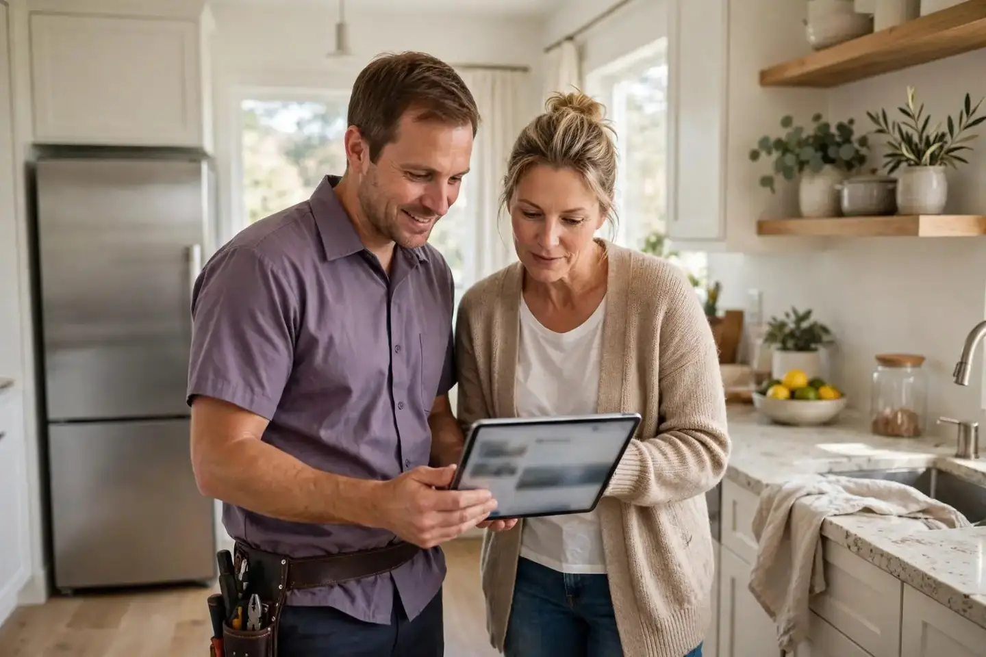 Technician showing a tablet to a homeowner in a kitchen