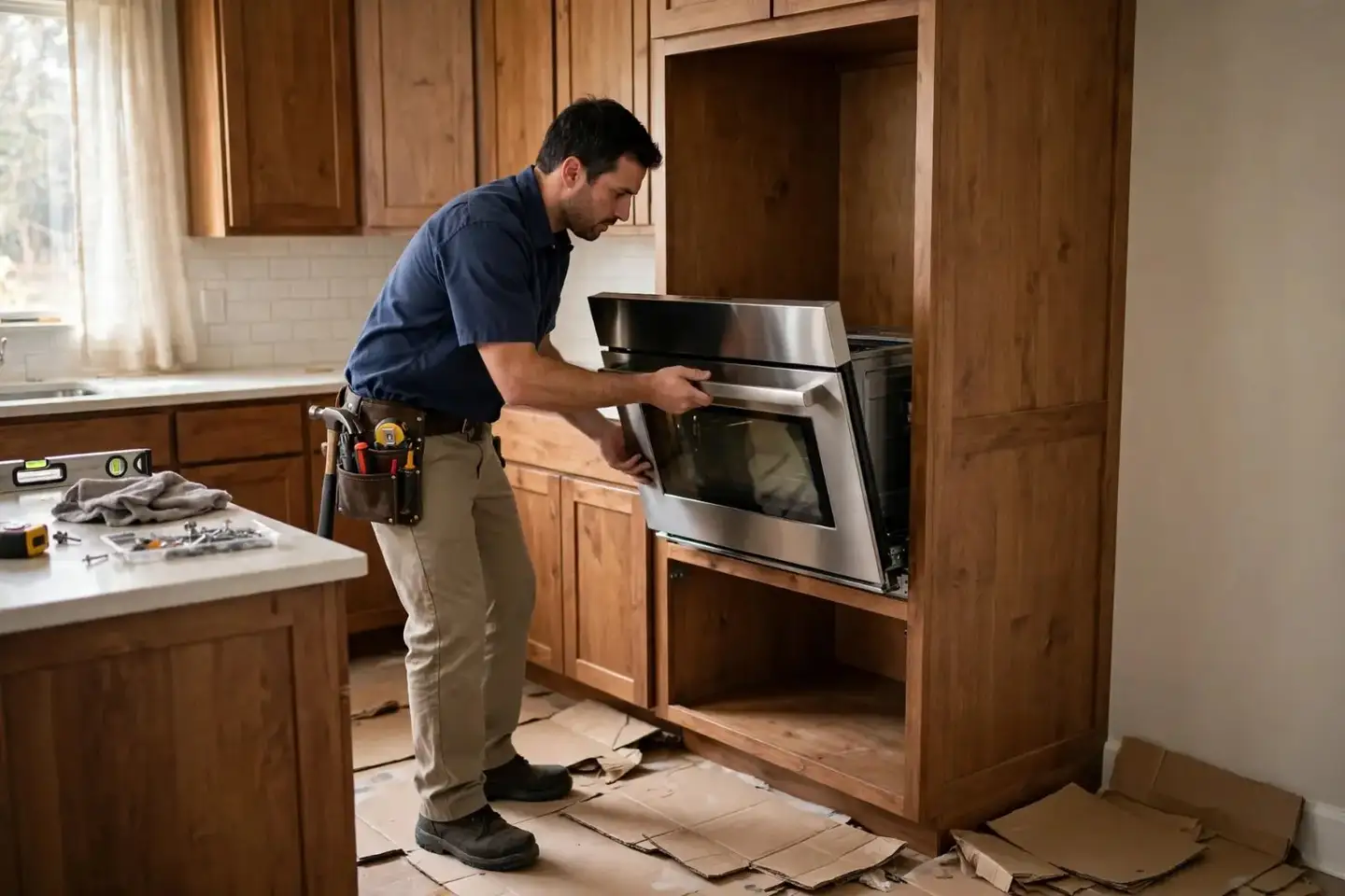 Technician sliding a built-in wall oven into its cabinet opening