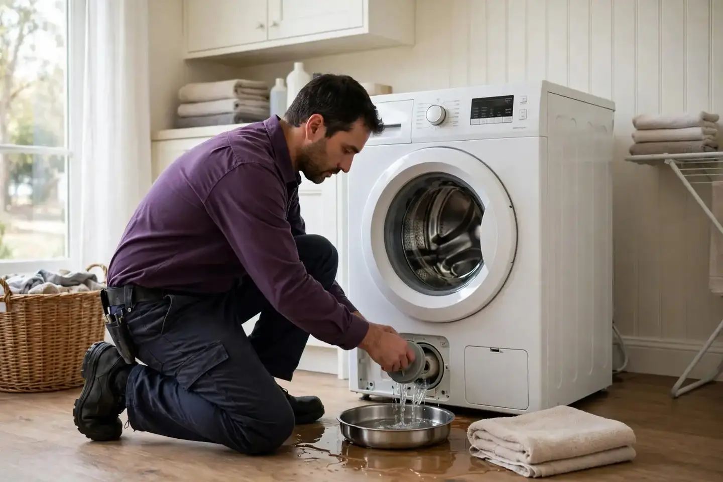 Technician opening the drain pump filter at the bottom of a front-load washer over a towel and pan