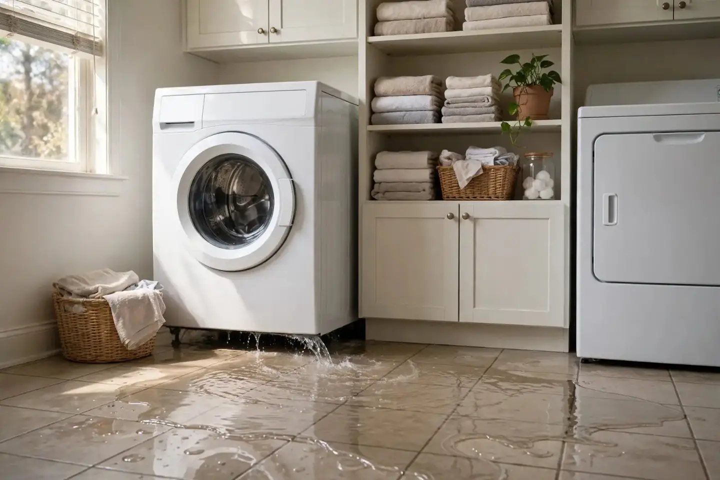 Puddle of water on a laundry room floor in front of a front-load washer