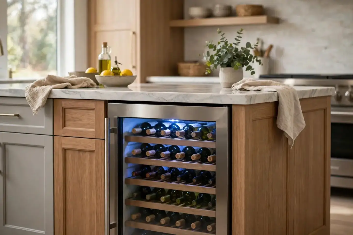 Undercounter wine cooler with a glass door built into a kitchen island