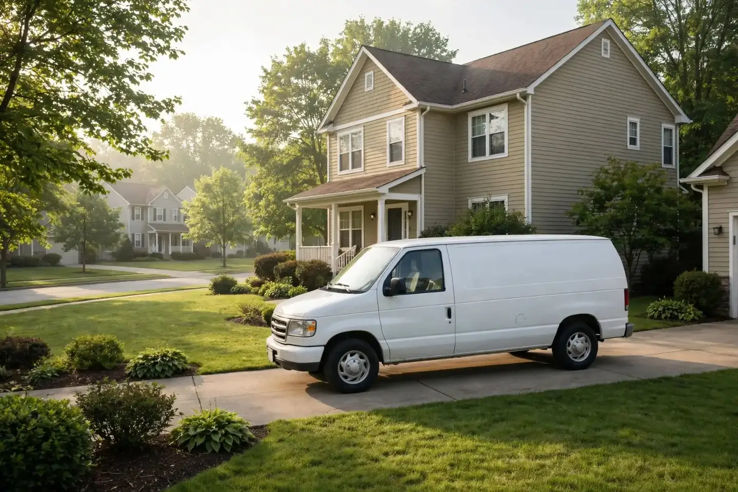Plain white work van parked in a suburban driveway in the morning