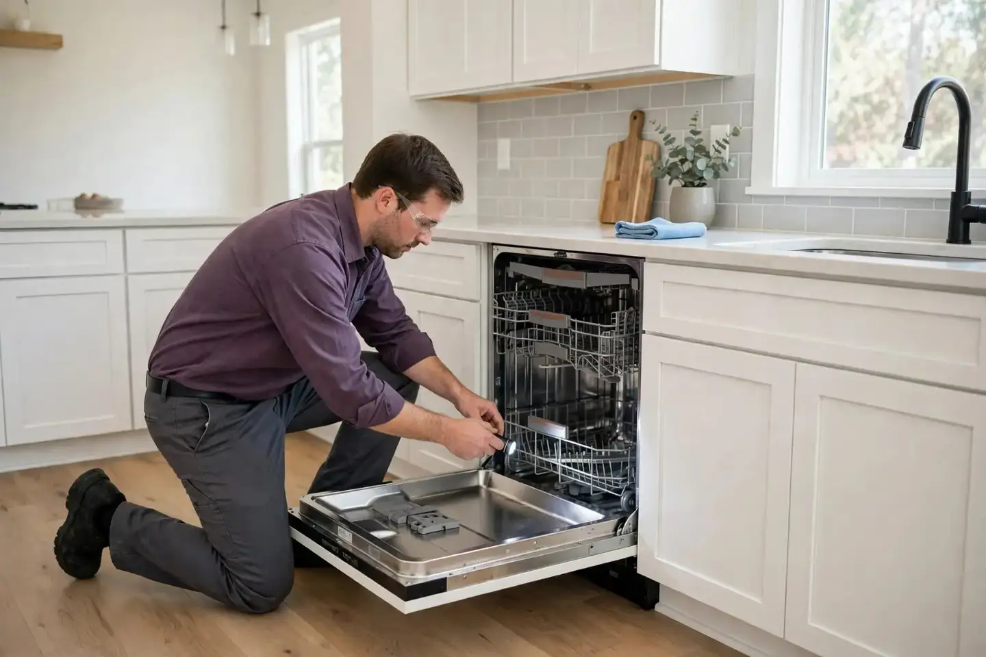 Technician in a plum shirt kneeling at an open dishwasher with a flashlight in a white kitchen