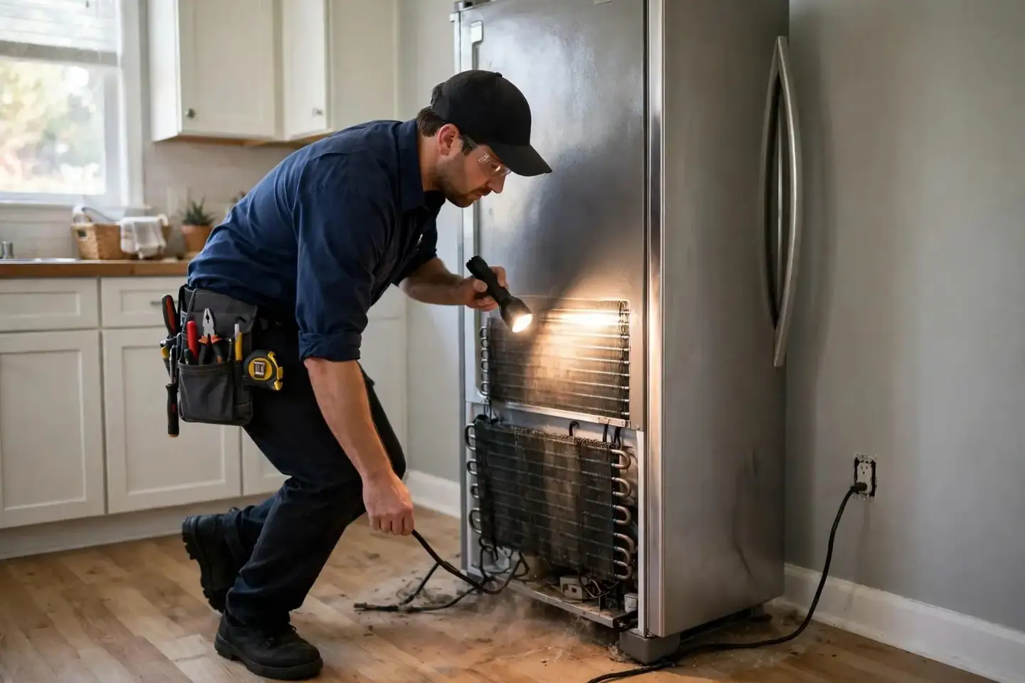 Technician shining a flashlight on dusty condenser coils at the back of a stainless refrigerator