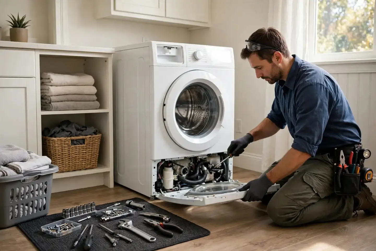 Technician removing the front panel of a front-load washing machine in a laundry room